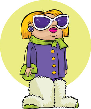 A cartoon woman wearing purple sunglasses and a pair of oversized, fuzzy fur boots.