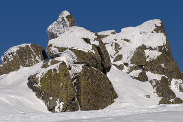 Boulders covered with rime on the Black Peak, Vitosha mountain, Bulgaria