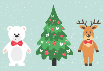 winter deer and winter bear and fir-tree