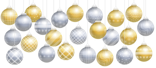 Christmas balls - gold and silver assortment. Isolated vector illustration over white background.