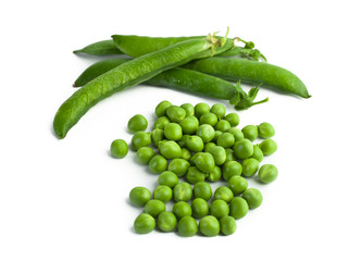 green pea pod, green peas, white background