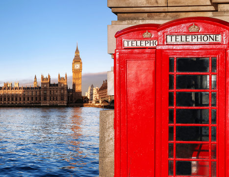 London symbols with BIG BEN and red PHONE BOOTHS in England, UK © Tomas Marek