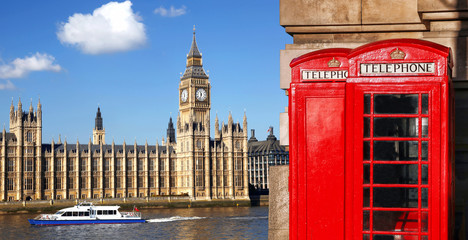 Fototapeta premium London symbols with BIG BEN and red PHONE BOOTHS in England, UK