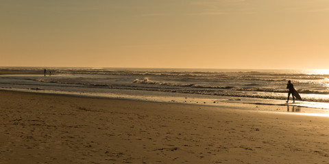 Fototapeta na wymiar Beautiful seascape with surfer walking along the beach