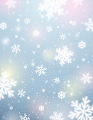 Naklejka na ściany i meble Light background with bokeh and blurred snowflakes, vector
