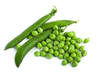 green pea pod, green peas, white background