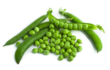 green pea pod, green peas, white background