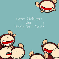 Merry Christmas and Happy New Year 2016 card with cute naughty Monkeys