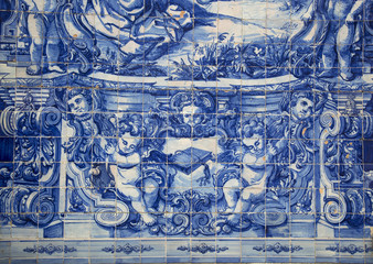 Blue tiles on a santa catarina chapel in Porto, Portugal