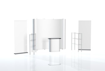 Trade exhibition stand, Exhibition Stand round, 3D rendering visualization of exhibition equipment, a set of stands, Advertising space on a white background, with space for text ads