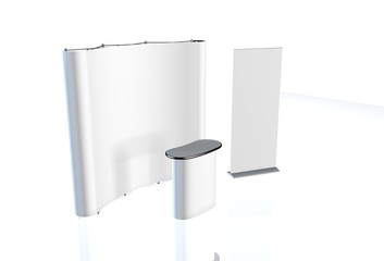 Trade exhibition stand, Exhibition Stand round, 3D rendering visualization of exhibition equipment, a set of stands, Advertising space on a white background, with space for text ads
