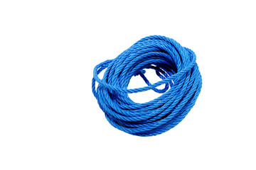 Blue nylon utility rope isolated on white background.