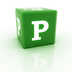 The letter P on the cube. 3D render of a cube. The alphabet blocks.
