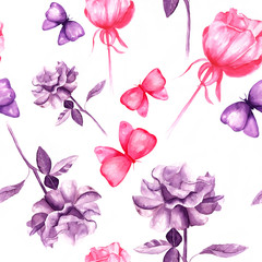 Seamless pattern with pink and purple roses and butterflies