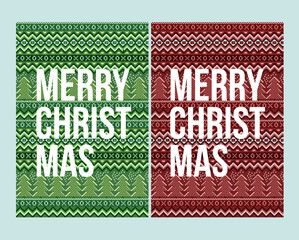 Vector pixel Christmas winter pattern. Greeting card or poster template. Green and red backgrounds.
