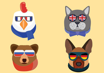 National animals illustration. National symbols. Cute animals in glasses