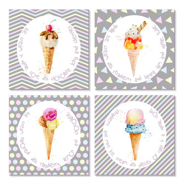 Set of postcards with ice cream in cones.
