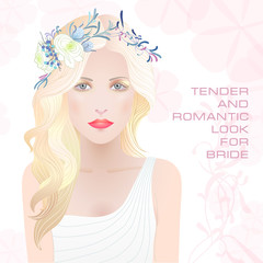 Beauty face of bride. Vector illustration. Romantic, tender and delicate style for bride. Beautiful blonde in flower wreath