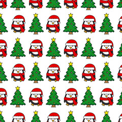 Christmas background. Penguin and Christmas Tree.
