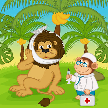 monkey doctor treats a lion - vector illustration, eps
