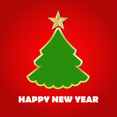 Green tree with a gold star on a red background. Vector Image.