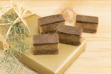 Sweet candies treat on a wooden background