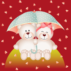 Couple teddy bear with umbrella under the rain of hearts