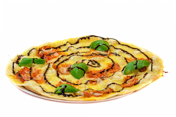 pizza with tomato cheese basil and sauce