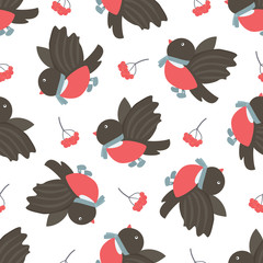 Bullfinches and rowan. Winter seamless pattern.