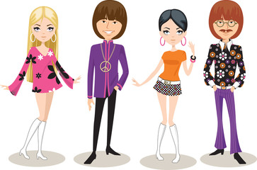 A group of young people modeling mod fashions of the 1960s and 1970s