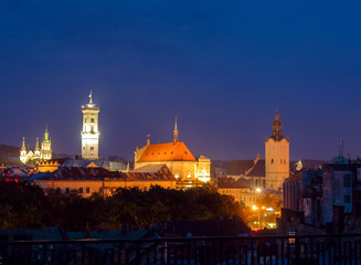 Lviv city center night panorama