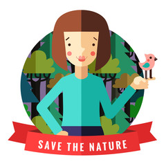 Save the nature vector card and background with brunette girl, bird, red ribbon and forest in flat style