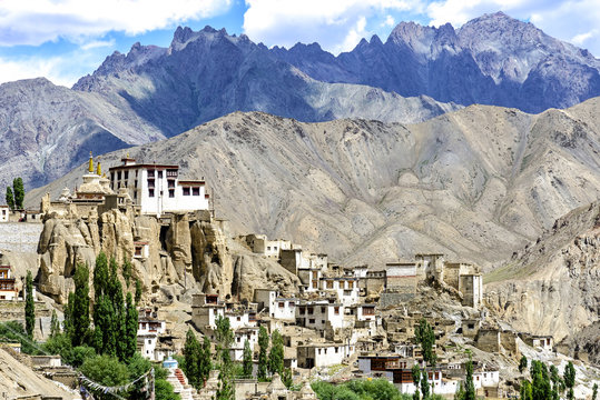 Panoramic view of Lamayuru monastery in Ladakh, India. Lamayuru is a Tibetan Buddhist monastery situated on the Srinagar-Leh highway 15 kilometres east of the Fotu La at a height of 3,510 metres.