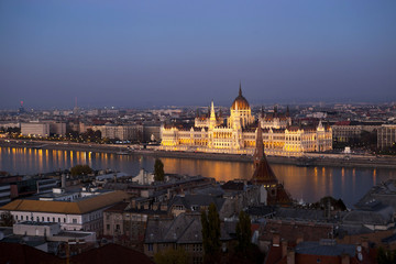 Fototapeta na wymiar Exterior shot of Hungarian Parliament Building and Danube River, Budapest, Hungary.