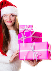Woman santa helper hat with many pink gift boxes