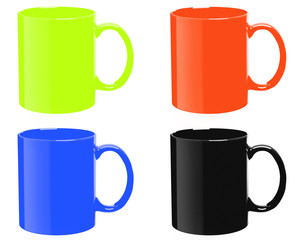 Four mugs of various colors