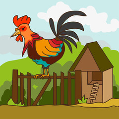 Colored rooster sitting on fence