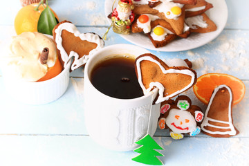 Christmas breakfast tea with Gingerbread Cookie baking cinnamon dessert