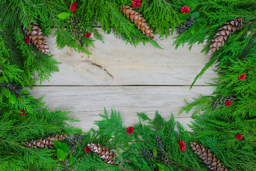 Fototapeta na wymiar Christmas tree garland border with pine cones and berries