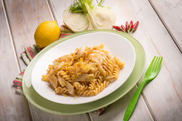 fusilli with  fennel grated lemon peel and hot chili pepper
