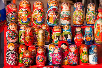 Fototapeta na wymiar Russian traditional nested dolls - matryoshka. Dolls are on sale as souvenirs for tourists.