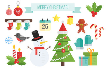 Set of christmas icons.  Vector flat elements: snowman, socks, m