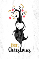 Merry christmas black white elf tree xmas retro