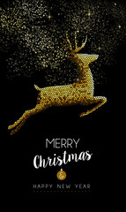 Obraz na płótnie Canvas Merry christmas new year deer jumping gold mosaic