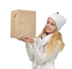 happy young teen age girl with one parcel box isolates