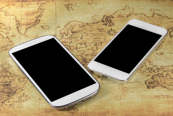 smartphone on a world map