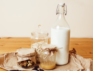 real comfort wooden kitchen with breakfast ingredients close up in glass
