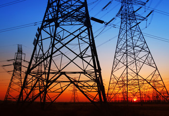 The evening electricity pylon silhouette, it is very beautiful