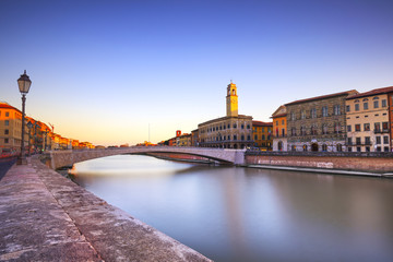 Pisa, Arno river, Ponte di Mezzo bridge. Lungarno view. Tuscany, - obrazy, fototapety, plakaty