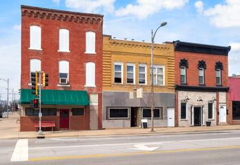 Main street small town downtown commercial business storefront buildings in midwest USA Shelbyville Illinois
